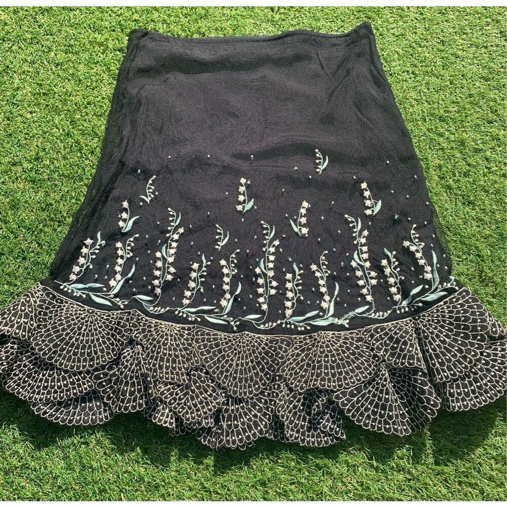 NEW NWOT ODILLE ANTHROPOLOGIE black MESH EMBROIDERED RUFFLE SKIRT sz M 2